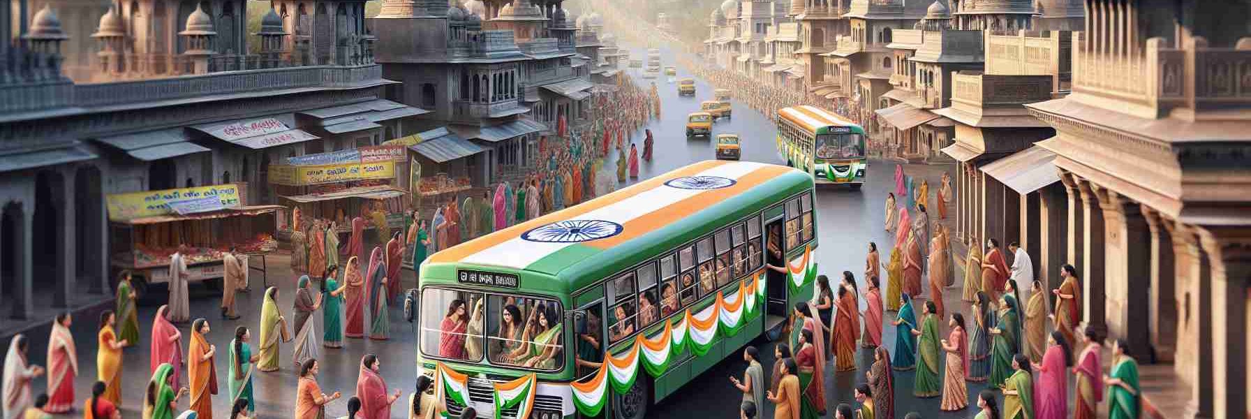 A realistic high-definition image displaying the scene of Andhra Pradesh, where free bus rides are being provided for women. The time is Independence Day, signifying a festive moment. The buses are decorated with tri-color ribbons, signaling the celebration of national spirit. The women, of various descents such as South Asian, Middle-Eastern, and Caucasian, are happily boarding the buses, reflecting the joy of the occasion. The landscape backdrop reveals the unique architecture and vibrant culture of the region. The streets are bustling with activity with vendors selling flag-themed merchandise, signifying commemoration of the day.