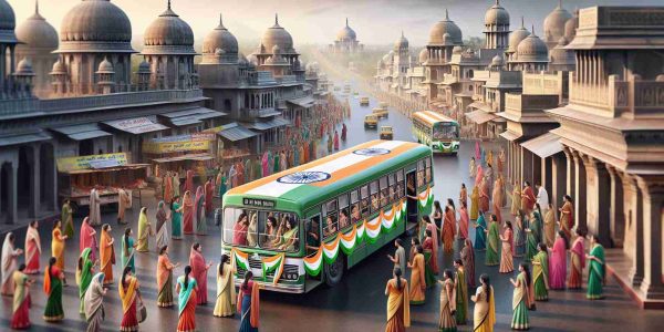 A realistic high-definition image displaying the scene of Andhra Pradesh, where free bus rides are being provided for women. The time is Independence Day, signifying a festive moment. The buses are decorated with tri-color ribbons, signaling the celebration of national spirit. The women, of various descents such as South Asian, Middle-Eastern, and Caucasian, are happily boarding the buses, reflecting the joy of the occasion. The landscape backdrop reveals the unique architecture and vibrant culture of the region. The streets are bustling with activity with vendors selling flag-themed merchandise, signifying commemoration of the day.