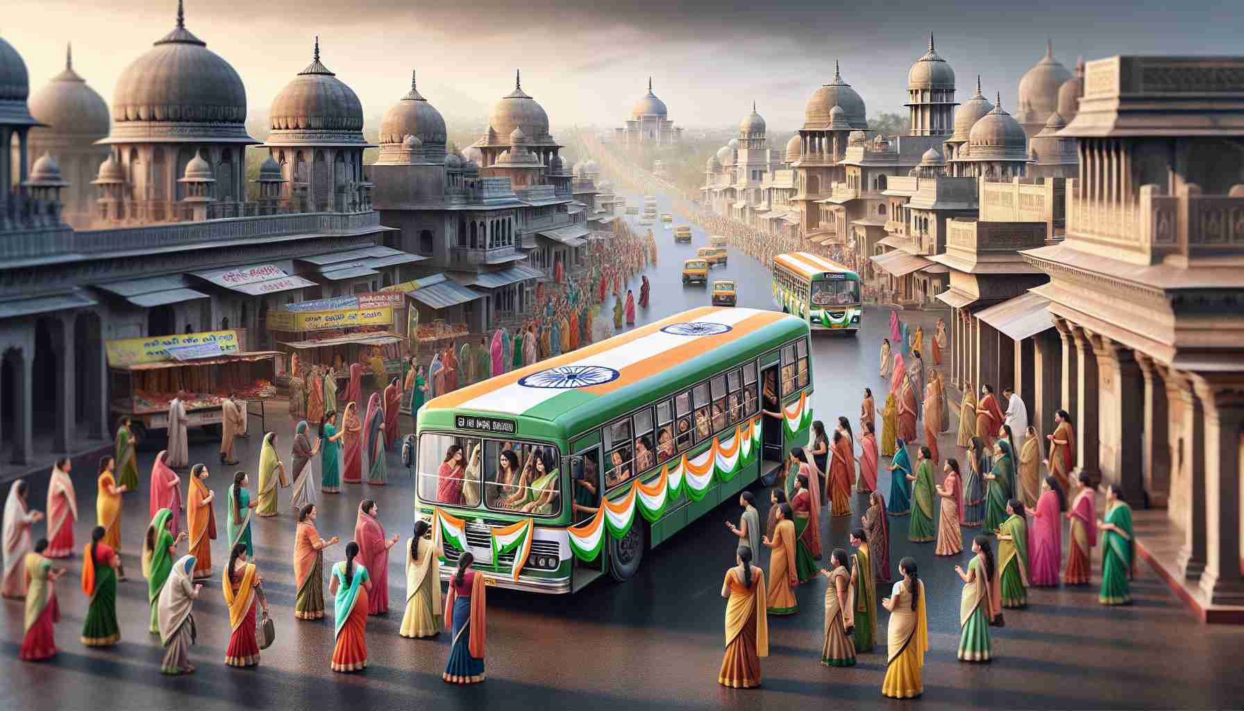 A realistic high-definition image displaying the scene of Andhra Pradesh, where free bus rides are being provided for women. The time is Independence Day, signifying a festive moment. The buses are decorated with tri-color ribbons, signaling the celebration of national spirit. The women, of various descents such as South Asian, Middle-Eastern, and Caucasian, are happily boarding the buses, reflecting the joy of the occasion. The landscape backdrop reveals the unique architecture and vibrant culture of the region. The streets are bustling with activity with vendors selling flag-themed merchandise, signifying commemoration of the day.
