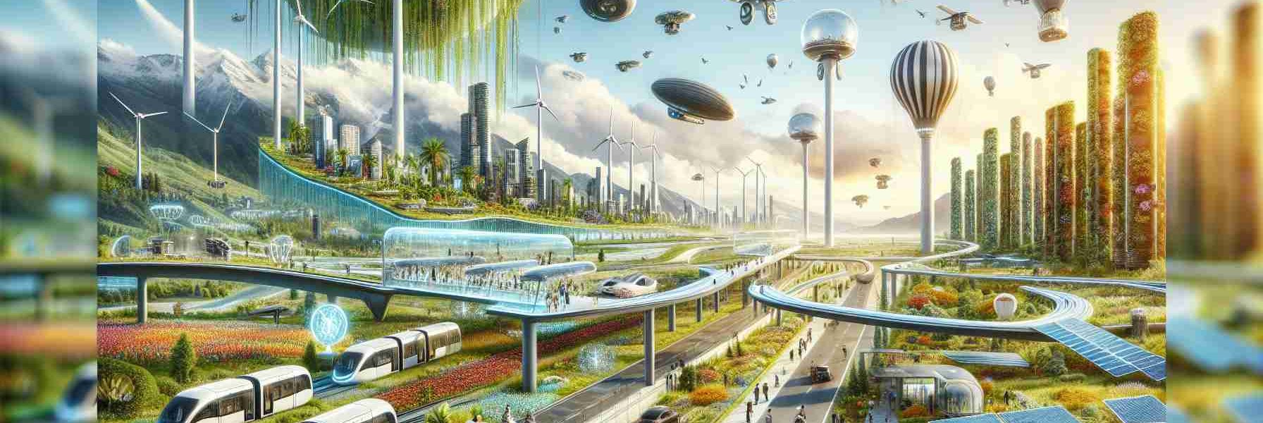 Generate a high-definition, realistic image representing the future of sustainable travel. Show a landscape filled with green technologies like solar panels and windmills, and infrastructure for electric vehicles, bulbs and monorails, all set against a backdrop of untouched, vibrant nature. In the sky, depict advanced drones and airships powered by renewable energy. On the horizon, show a city blooming with vertical gardens and green rooftops, demonstrating a blend of architecture and nature. Include illustrations of people of all genders from Caucasian, Hispanic, Black, Middle-Eastern, and South Asian descents using these facilities, signaling a future that embraces new horizons.