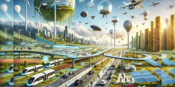 Generate a high-definition, realistic image representing the future of sustainable travel. Show a landscape filled with green technologies like solar panels and windmills, and infrastructure for electric vehicles, bulbs and monorails, all set against a backdrop of untouched, vibrant nature. In the sky, depict advanced drones and airships powered by renewable energy. On the horizon, show a city blooming with vertical gardens and green rooftops, demonstrating a blend of architecture and nature. Include illustrations of people of all genders from Caucasian, Hispanic, Black, Middle-Eastern, and South Asian descents using these facilities, signaling a future that embraces new horizons.