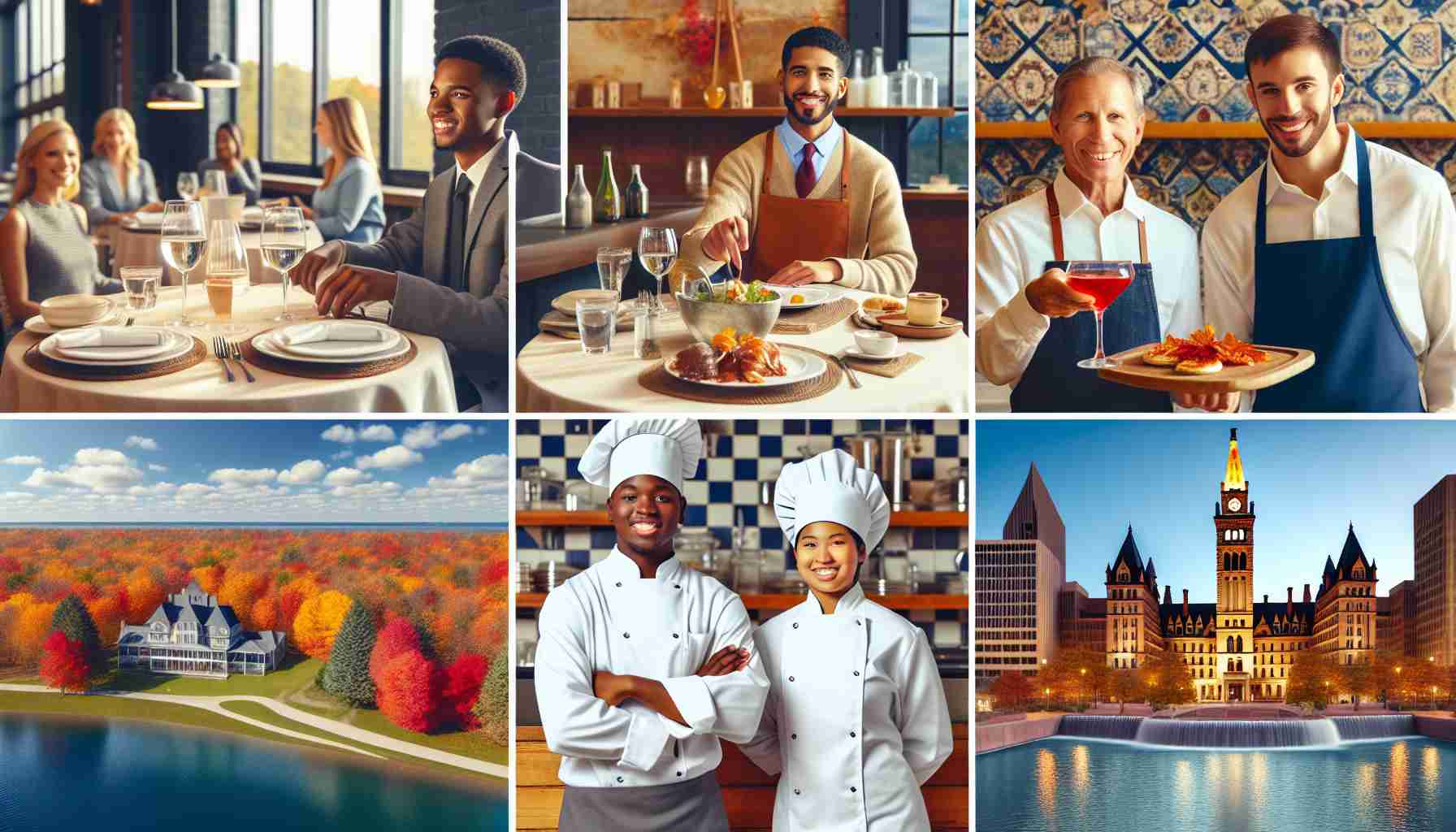 A realistic, high-definition image showcasing Michigan's hospitality gems. Include beautifully set tables at locally-owned restaurants serving regional specialties, charming bed and breakfasts nestled amongst vibrant fall colors and stunning lake views, and boutique hotels that offer a sophisticated urban vibe. Show also some friendly staff members of diverse descents and genders in the scene, like a Middle-Eastern male receptionist, a Hispanic female server, and a Black male housekeeper, providing exceptional service and hospitality.