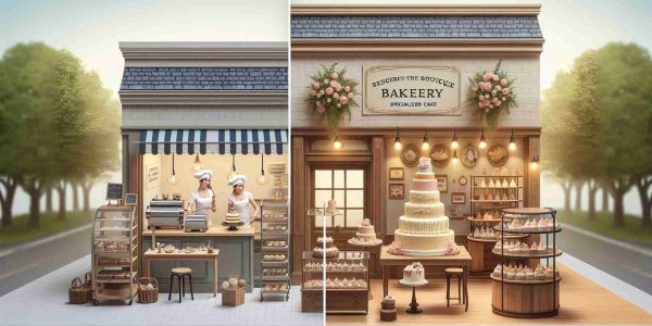 Generate a high-definition, realistic image showcasing the transformation of a boutique bakery specialized in cakes. Note the evolution from a small, charming establishment to a grand, upscale shop. There should be before and after side-by-side comparisons: a quaint, little store with minimal equipment to a luxurious shop filled with state-of-the-art baking machinery, exquisite cake displays, and an ambiance of elegance and sophistication.