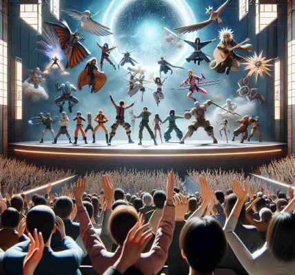 A high-definition, realistic image showcasing the exciting moments from a large, non-specific 2023 fan event. The scene includes enthusiastic fans, captivating stage set-ups, and the reveal of new, imagined animation characters. Characters of diverse origins perform on stage, gripping the audience with their dynamic performances.