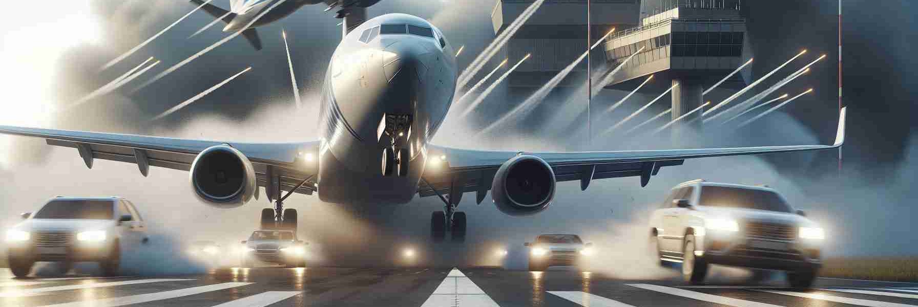 High-definition, realistic visual representation of a sudden, unexpected turn causing a near-miss situation at a nondescript, large international airport. Focus on depicting the tense atmosphere, with aircrafts narrowly avoiding a collision.