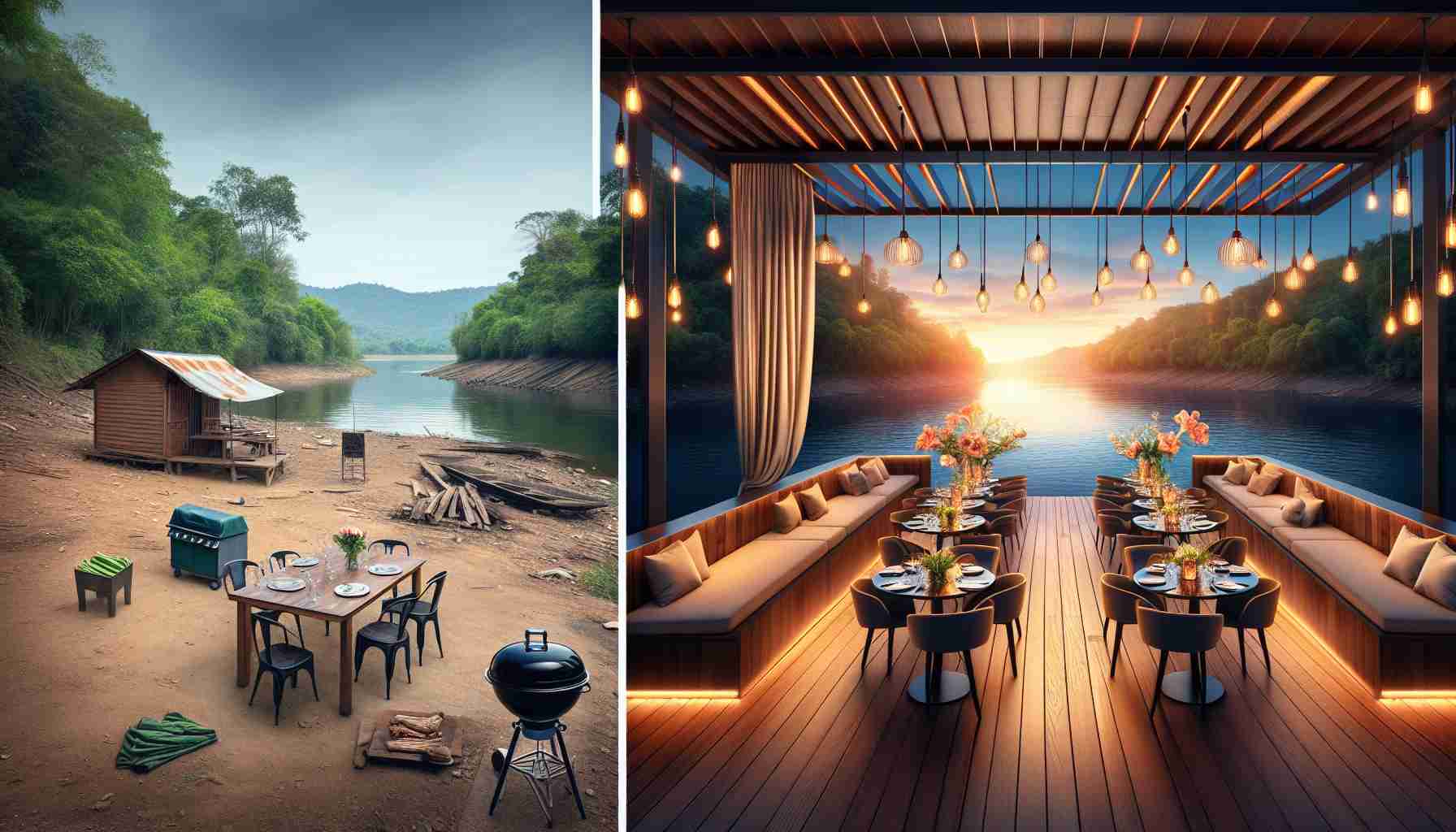 Create a realistic HD photo that represents the transformation of a riverside dining experience. The image could show a before and after scenario side by side. The 'before' picture might consist of a simple picnic setup on an unrefined riverside, with a few chairs and a table set up, perhaps a grill nearby and a simple cloth canopy for cover. The 'after' picture could depict an upscale outdoor riverside restaurant setup with sophisticated lighting, plush seating arrangement, a well-set, glossy dining table gleaming under ambient lights, and a grand wooden deck extending towards the water.