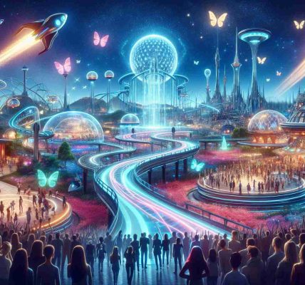 Create a hyper-realistic image of a magical transformation scene, where modern technology blends with an imaginative world of enchantment. Show a theme park filled with the newest advancements and stunning innovation. Key elements could include futuristic rides crafted with luminescent materials, imaginatively designed parks with floating holographic signs or trails, and a crowd of joyful people from all descents and genders marveling at the extraordinary tech-filled magic. Note, this isn't referencing to a specific theme park but representing the blend of technology and imagination at a grand scale.