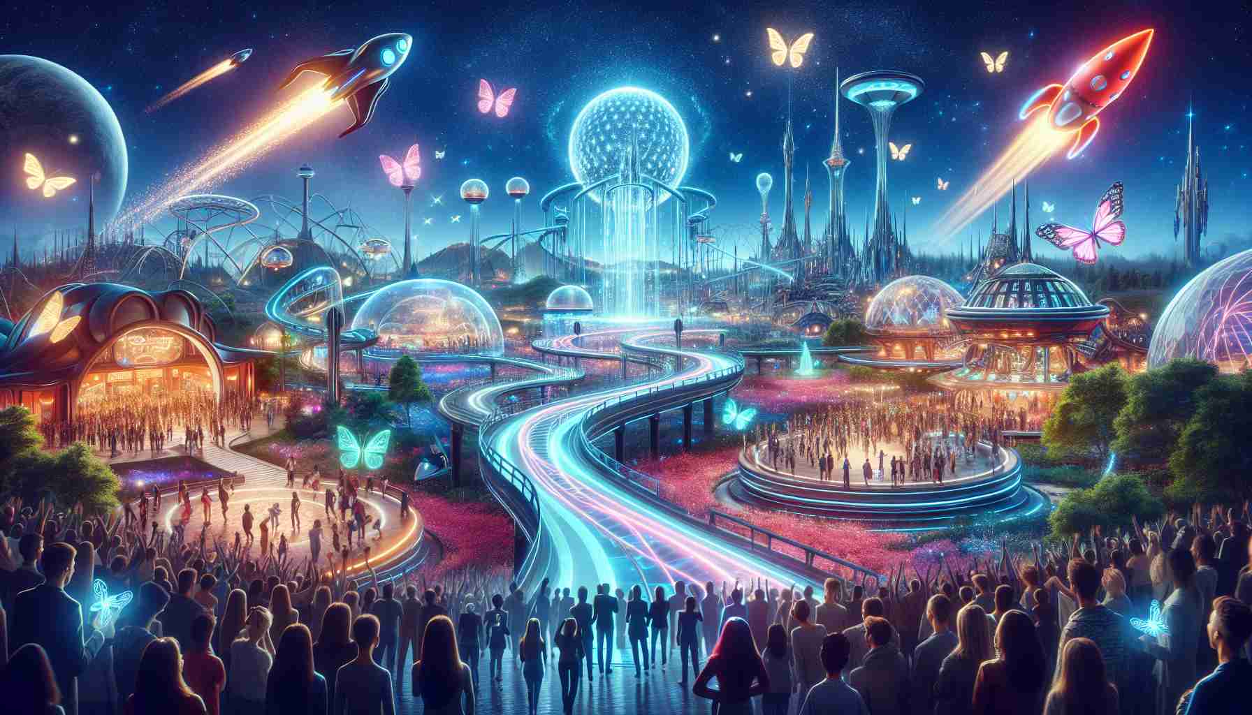 Create a hyper-realistic image of a magical transformation scene, where modern technology blends with an imaginative world of enchantment. Show a theme park filled with the newest advancements and stunning innovation. Key elements could include futuristic rides crafted with luminescent materials, imaginatively designed parks with floating holographic signs or trails, and a crowd of joyful people from all descents and genders marveling at the extraordinary tech-filled magic. Note, this isn't referencing to a specific theme park but representing the blend of technology and imagination at a grand scale.