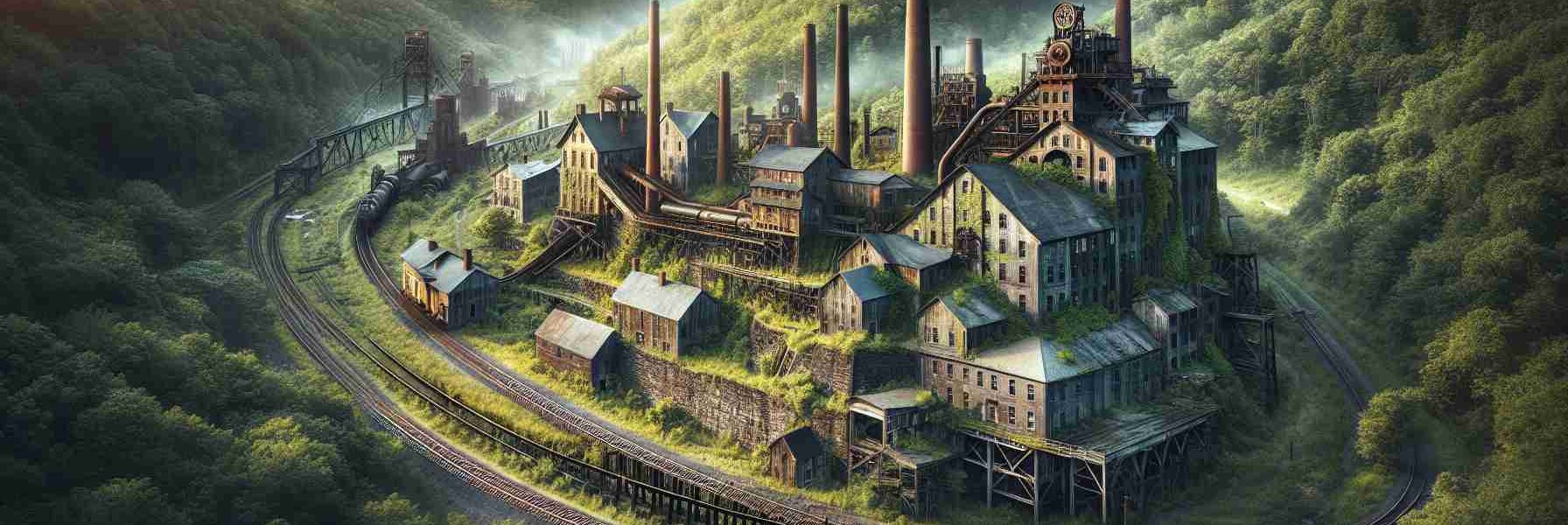 Create a realistic, high-definition image showcasing the hidden treasures of West Virginia's industrial heritage. The image should capture the essence of its historical structures, possibly including aged factories, landmark mines, or old railroad tracks, all worn by time but still standing. The surrounding landscape of this image should be filled with lush greenery, showcasing the natural beauty of West Virginia, challenging the perception of industrial aesthetics.