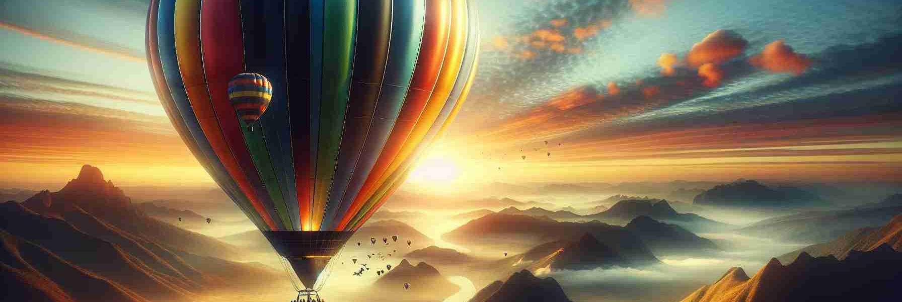 Create a striking, high-definition image that combines the romanticism of old-world travel with a futuristic perspective. In the center of the composition is a colossal, colorfully striped hot air balloon, gently floating above a breathtaking landscape that extends towards the horizon. Tiny figures of adventurous tourists are visible in the balloon's basket, suggesting the idea of intrepid exploration. In the backdrop, a morning sun is slowly rising, casting warm hues onto the scene and creating an effect of overwhelming beauty. The overall picture embodies the concept of 'New Heights in Tourism: Balloon Adventures as the Future of Travel'.