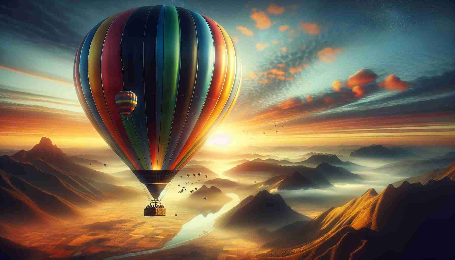 Create a striking, high-definition image that combines the romanticism of old-world travel with a futuristic perspective. In the center of the composition is a colossal, colorfully striped hot air balloon, gently floating above a breathtaking landscape that extends towards the horizon. Tiny figures of adventurous tourists are visible in the balloon's basket, suggesting the idea of intrepid exploration. In the backdrop, a morning sun is slowly rising, casting warm hues onto the scene and creating an effect of overwhelming beauty. The overall picture embodies the concept of 'New Heights in Tourism: Balloon Adventures as the Future of Travel'.