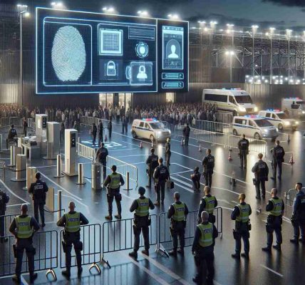 A high-definition, realistic image displaying extensive security measures implemented to make sure a particular event goes off without a hitch. The scene should encompass security personnel of various descents such as Caucasians, Black and Middle-Eastern both male and female, diligently monitoring the surroundings. Also, showcase biometric systems such as fingerprint scanners and facial recognition technology. The area should be clear of crowds but should indicate signs specific for a large gathering, such as barriers, signs pointing to exits and first aid stations, lighting for evening events, and emergency vehicles on standby.