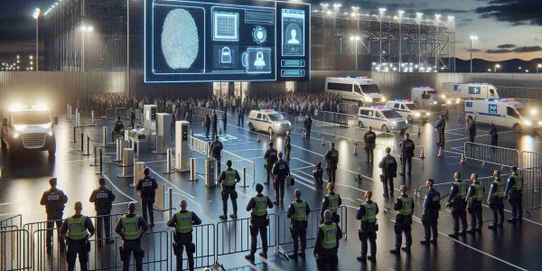 A high-definition, realistic image displaying extensive security measures implemented to make sure a particular event goes off without a hitch. The scene should encompass security personnel of various descents such as Caucasians, Black and Middle-Eastern both male and female, diligently monitoring the surroundings. Also, showcase biometric systems such as fingerprint scanners and facial recognition technology. The area should be clear of crowds but should indicate signs specific for a large gathering, such as barriers, signs pointing to exits and first aid stations, lighting for evening events, and emergency vehicles on standby.