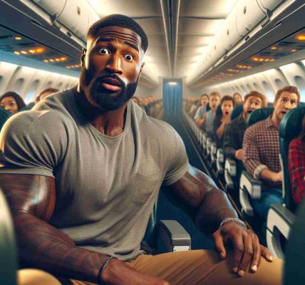 Realistic HD photo of a former professional American football player, characterized by a strong, athletic build, who unexpectedly faces travel turbulence. The player, dressed in casual travel attire, grips a seat armrest. A look of surprise is evident on his face, whilst the cabin lights flicker indicating the turbulence. The background is filled with other startled passengers and flight attendants trying to stabilize the situation.