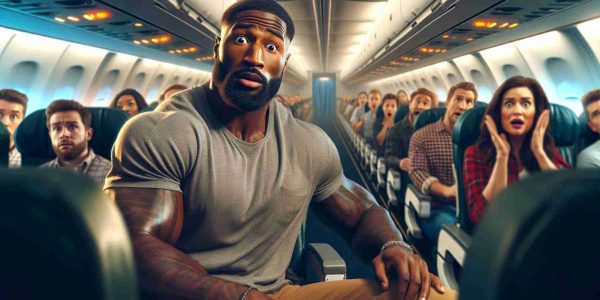 Realistic HD photo of a former professional American football player, characterized by a strong, athletic build, who unexpectedly faces travel turbulence. The player, dressed in casual travel attire, grips a seat armrest. A look of surprise is evident on his face, whilst the cabin lights flicker indicating the turbulence. The background is filled with other startled passengers and flight attendants trying to stabilize the situation.