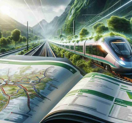 A realistic, high-definition image depicting the concept of exploring sustainable travel alternatives through comprehensive train guides. In the foreground, a laid-open train guide showing a rail network map and detailed information about routes, schedules, and eco-friendly practices. In the background, a dynamic scene presenting a modern, energy-efficient train swiftly cruising through a lush, green landscape, illustrating the appeal and potential impact of choosing sustainable travel methods.