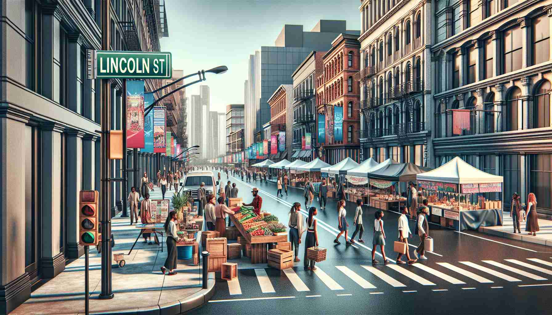 High-resolution, realistic depiction of a vibrant street in an urban setting, signified as 'Lincoln Streets'. Captivate the anticipation of several upcoming events, showcasing banners, posters, and stalls being prepared. People of diverse descents and genders, such as Caucasian females, Asian males, and Hispanic individuals, are actively participating in the preparation, with a sense of anticipation and excitement. The elements of the upcoming events can include cultural exhibitions, food festivals, or local music performances, reflecting the community's diversity and unity.