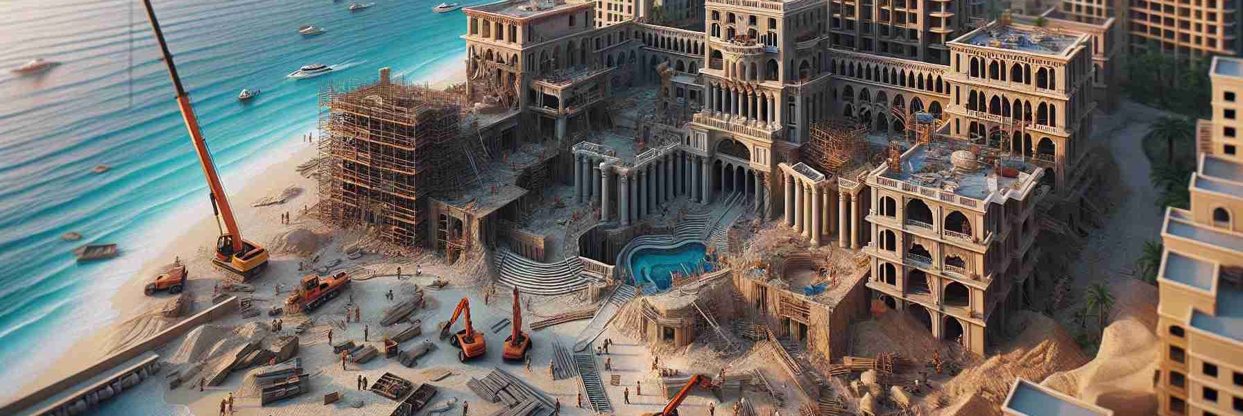 High-definition, realistic image of a major transformation taking place at a well-known beach resort, with ongoing construction evident. Building structures are in various stages of reconstruction, with workers seen actively involved in the process. The beach and the ocean beyond add to the stunning backdrop.