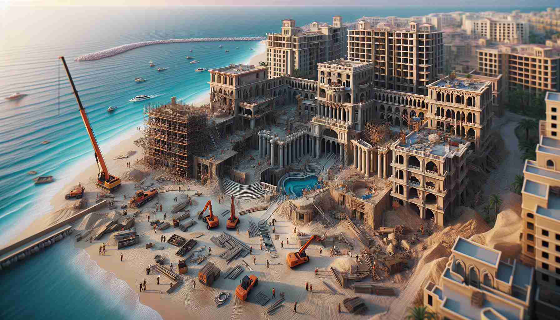High-definition, realistic image of a major transformation taking place at a well-known beach resort, with ongoing construction evident. Building structures are in various stages of reconstruction, with workers seen actively involved in the process. The beach and the ocean beyond add to the stunning backdrop.