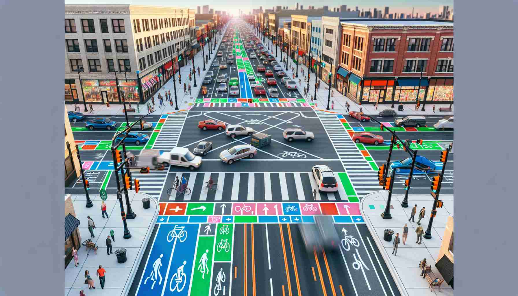 Generate a realistic and detailed, high-definition image of an intersection in a city named Marion. In the image, incorporate elements that denote improvements in traffic safety. These can include items such as pedestrian crosswalks with vibrant, clear markings, state-of-the-art traffic signals, visible signage for drivers and pedestrians, separate bike lanes, and appropriate street lighting. The intersection should appear busy, with vehicles, cyclists, and pedestrians co-existing in a visibly orderly and safe manner.