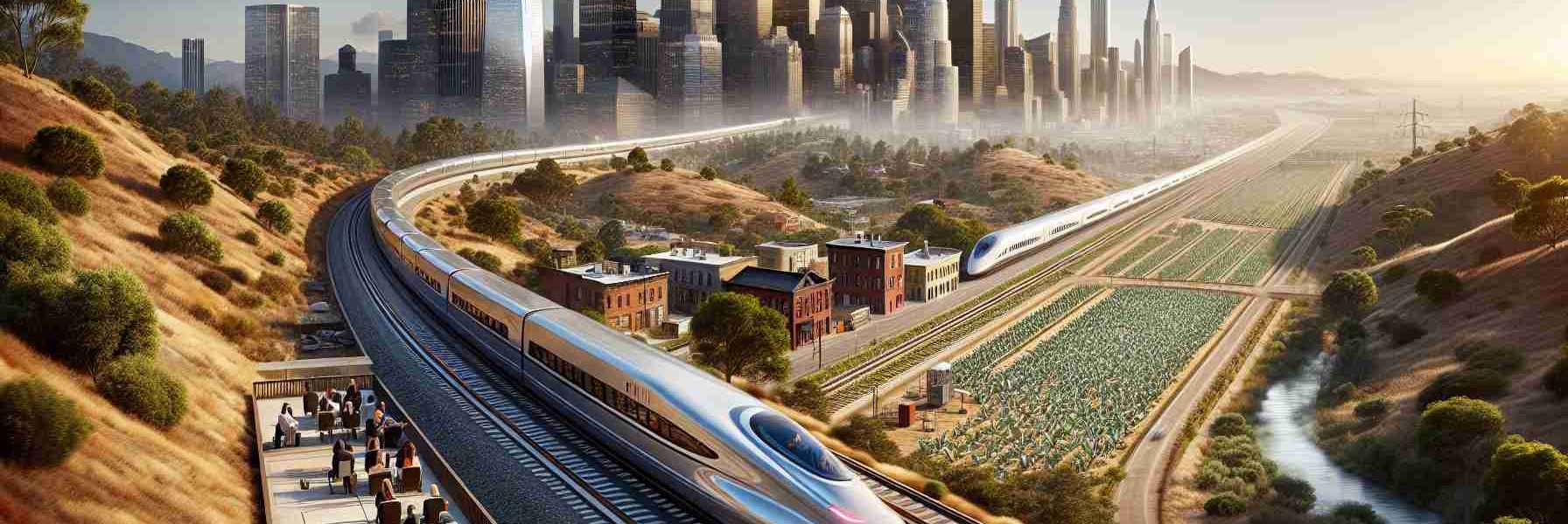 Imagine a high-definition, hyper-realistic image illustrating the future of high-speed rail in the United States. The scene captures a sleek, modern bullet train racing along a cutting-edge rail system set amidst diverse American landscapes. Varying terrains, from urban cityscapes to scenic countryside, unfolds in the background, showcasing the versatility of the ambitious project. The design of the train is sleek and futuristic, embodying the spirit of innovation and progress. Passengers inside the train are diverse, including women and men of different descents like Caucasian, Black, Hispanic, and Asian.