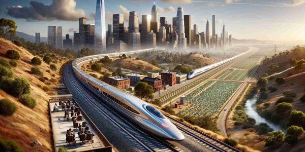 Imagine a high-definition, hyper-realistic image illustrating the future of high-speed rail in the United States. The scene captures a sleek, modern bullet train racing along a cutting-edge rail system set amidst diverse American landscapes. Varying terrains, from urban cityscapes to scenic countryside, unfolds in the background, showcasing the versatility of the ambitious project. The design of the train is sleek and futuristic, embodying the spirit of innovation and progress. Passengers inside the train are diverse, including women and men of different descents like Caucasian, Black, Hispanic, and Asian.