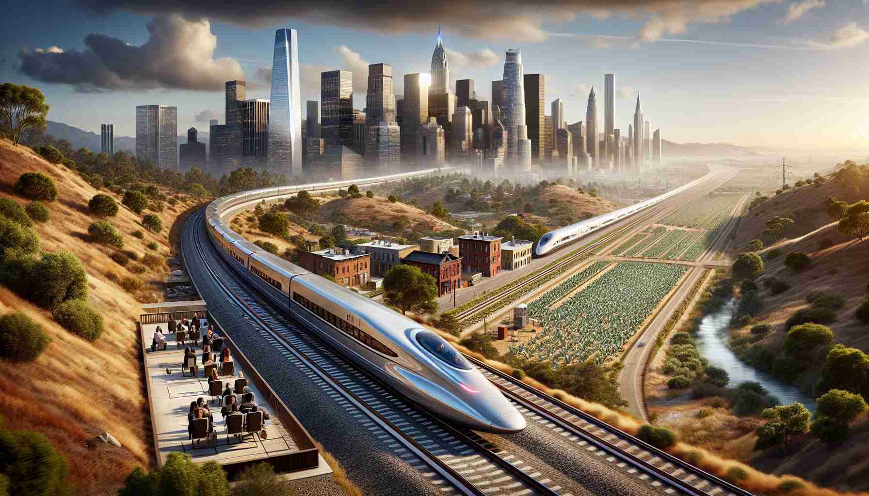 Imagine a high-definition, hyper-realistic image illustrating the future of high-speed rail in the United States. The scene captures a sleek, modern bullet train racing along a cutting-edge rail system set amidst diverse American landscapes. Varying terrains, from urban cityscapes to scenic countryside, unfolds in the background, showcasing the versatility of the ambitious project. The design of the train is sleek and futuristic, embodying the spirit of innovation and progress. Passengers inside the train are diverse, including women and men of different descents like Caucasian, Black, Hispanic, and Asian.