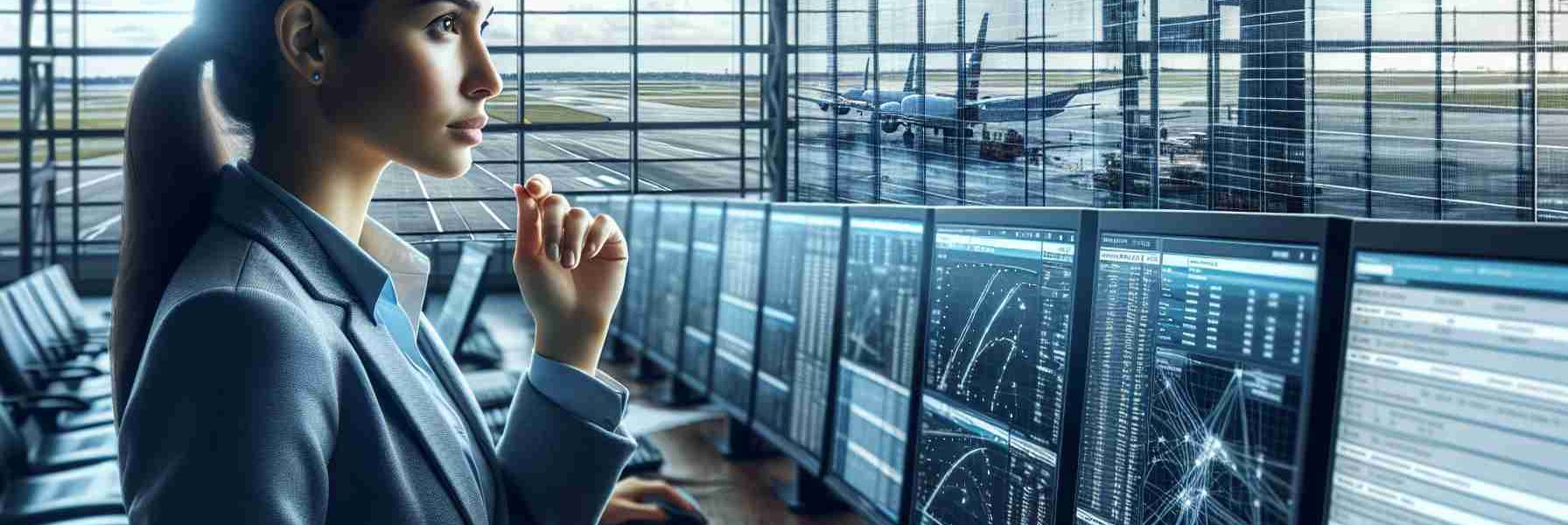 Detailed, high-definition depiction of an American airline business executive analyzing a departure scene at an airport. The executive is a Hispanic woman, looking thoughtful and professional, studying computer screens displaying various flight metrics and departure details, with a backdrop of large glass windows revealing a bustling runway. The image captures the intricacies and complexities involved in managing flight operations.