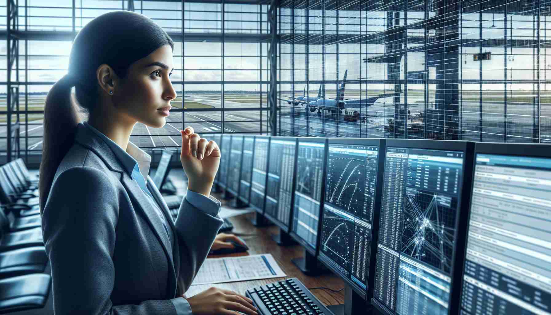 Detailed, high-definition depiction of an American airline business executive analyzing a departure scene at an airport. The executive is a Hispanic woman, looking thoughtful and professional, studying computer screens displaying various flight metrics and departure details, with a backdrop of large glass windows revealing a bustling runway. The image captures the intricacies and complexities involved in managing flight operations.