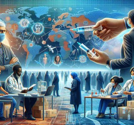 A high-definition illustration depicting the progress in vaccine distribution and international relations. The scene incorporates an array of elements: a map indicative of the global landscape, diverse individuals in the foreground — a Caucasian male logistics expert analyzing distribution plans, a Black female diplomat engaged in discussion, a Middle Eastern male scientist researching vaccine development, and a South Asian female healthcare worker administering vaccines. In the background, symbolic representations of unity and cooperation such as the interlinked hands are visible, denoting improved international relations.