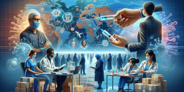 A high-definition illustration depicting the progress in vaccine distribution and international relations. The scene incorporates an array of elements: a map indicative of the global landscape, diverse individuals in the foreground — a Caucasian male logistics expert analyzing distribution plans, a Black female diplomat engaged in discussion, a Middle Eastern male scientist researching vaccine development, and a South Asian female healthcare worker administering vaccines. In the background, symbolic representations of unity and cooperation such as the interlinked hands are visible, denoting improved international relations.