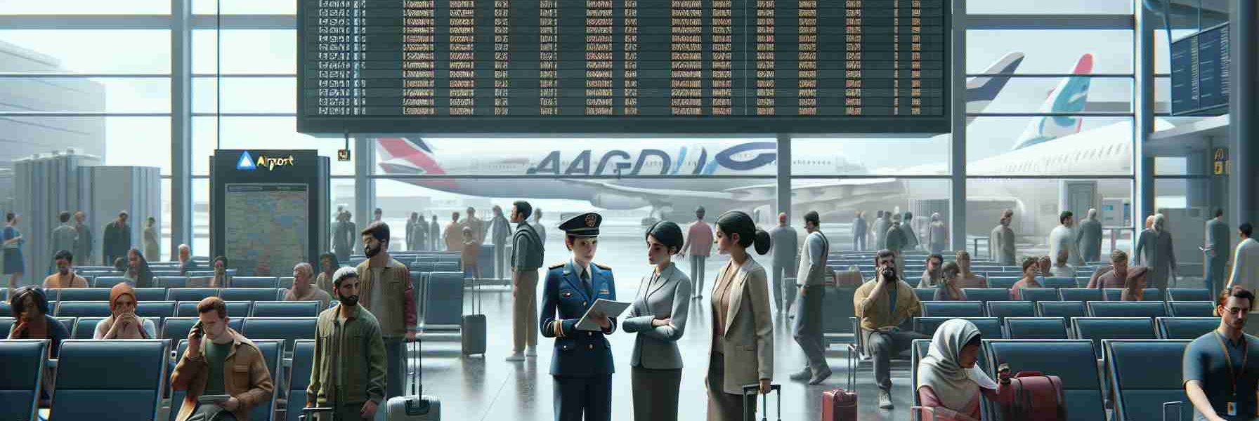 A realistic, high-definition image that depicts the situation following a new safety measure that has resulted in the suspension of flights. In the center, there's a large digital flight schedule board displaying numerous cancellations. The foreground shows airport personnel, a South Asian woman and a Caucasian man both in uniform, discussing the changes, their faces reflecting a mix of concern and resolve. Meanwhile, passengers, consisting of people of different genders and descents, are scattered around the airport terminal, some making phone calls, others chatting, or simply waiting patiently with their luggage.