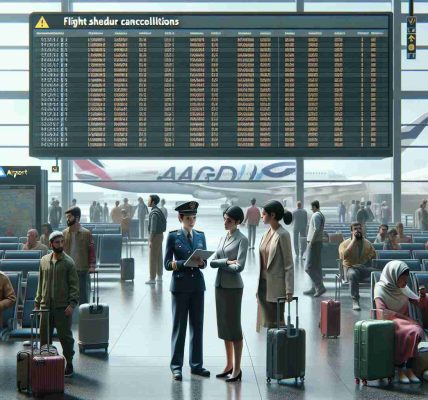 A realistic, high-definition image that depicts the situation following a new safety measure that has resulted in the suspension of flights. In the center, there's a large digital flight schedule board displaying numerous cancellations. The foreground shows airport personnel, a South Asian woman and a Caucasian man both in uniform, discussing the changes, their faces reflecting a mix of concern and resolve. Meanwhile, passengers, consisting of people of different genders and descents, are scattered around the airport terminal, some making phone calls, others chatting, or simply waiting patiently with their luggage.