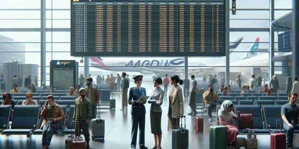 A realistic, high-definition image that depicts the situation following a new safety measure that has resulted in the suspension of flights. In the center, there's a large digital flight schedule board displaying numerous cancellations. The foreground shows airport personnel, a South Asian woman and a Caucasian man both in uniform, discussing the changes, their faces reflecting a mix of concern and resolve. Meanwhile, passengers, consisting of people of different genders and descents, are scattered around the airport terminal, some making phone calls, others chatting, or simply waiting patiently with their luggage.