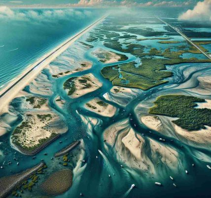 Generate a high-definition, realistic image showcasing the expansion of a sandbar in Manasquan Inlet. This image should capture the worrying scale of the sandbar's growth, presenting it as a challenge to the natural waterway. Visible should be the outline of the sandbar below the unclear water, spreading across the area with visible disturbances on the surface. Nearby, local flora and fauna affected by this change should be discernible. The general mood of the picture should evoke a sense of concern for this environmental shift.