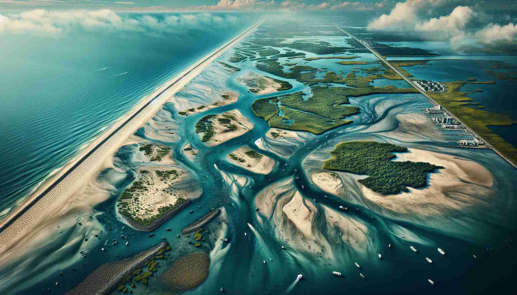 Generate a high-definition, realistic image showcasing the expansion of a sandbar in Manasquan Inlet. This image should capture the worrying scale of the sandbar's growth, presenting it as a challenge to the natural waterway. Visible should be the outline of the sandbar below the unclear water, spreading across the area with visible disturbances on the surface. Nearby, local flora and fauna affected by this change should be discernible. The general mood of the picture should evoke a sense of concern for this environmental shift.