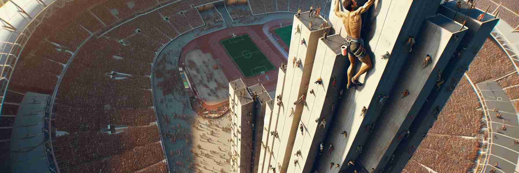 High-definition, realistic image of a male rock climber of Caucasian descent, scaling a tall, architectural structure famous for its unique design amidst the chaotic environment reminiscent of a large international athletic event such as the Olympics. The scene captures the climb in progress - the climber halfway up the structure, the crowd below in a mixture of fascination and apprehension, and a distant view of an athletic stadium teeming with activity.