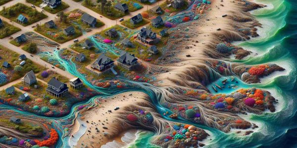 An intricate, high-definition image that depicts the various impacts oceanic patterns have on coastal communities. This could include scenes of tides shaping the shoreline, with sediment and rocks being carried away or deposited. Perhaps there are houses situated near the beach, some potentially showing signs of erosion due to ocean waves. There might be indicators of how marine life and local fishing practices are influenced by the oceanic patterns, providing a glimpse into the livelihood of these communities. Colorful coral reefs thriving in these waters may be intertwined into this scene, indicating how ocean patterns contribute to their health.