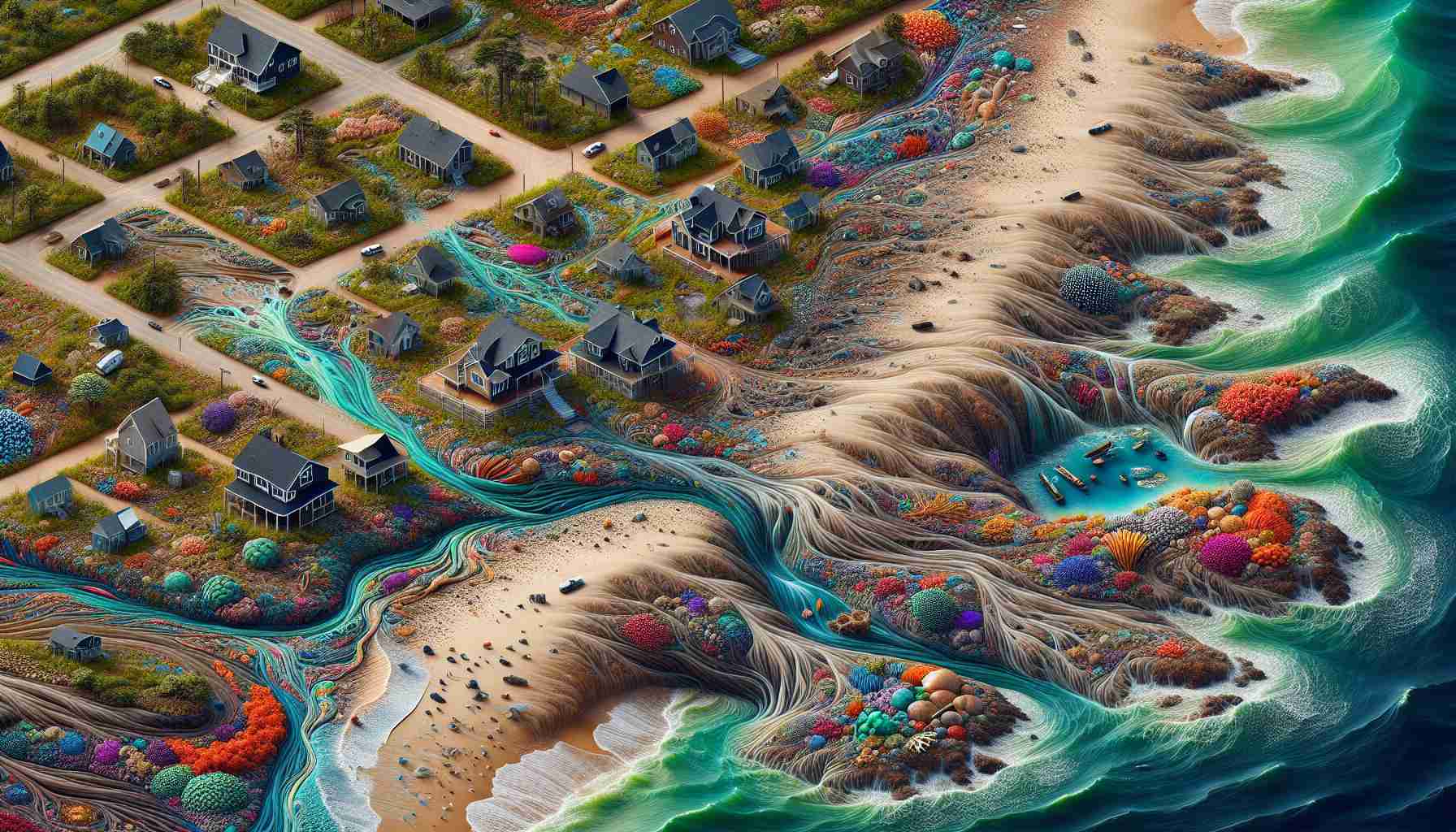 An intricate, high-definition image that depicts the various impacts oceanic patterns have on coastal communities. This could include scenes of tides shaping the shoreline, with sediment and rocks being carried away or deposited. Perhaps there are houses situated near the beach, some potentially showing signs of erosion due to ocean waves. There might be indicators of how marine life and local fishing practices are influenced by the oceanic patterns, providing a glimpse into the livelihood of these communities. Colorful coral reefs thriving in these waters may be intertwined into this scene, indicating how ocean patterns contribute to their health.