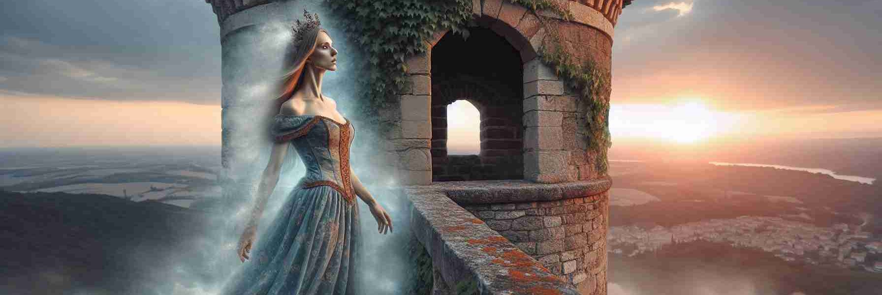 A realistic, high-definition image illustrating the concept of the mysterious disappearance of a female character known as Tower Girl. She could be portrayed midway through her fading process, turning transparent or dissolving into a magical mist at the top of a medieval tower during a cloudy sunset. The tower itself could be made of weathered stones, with clinging ivy and moss, overlooking the vast expanse of a medieval village below. Her outfit might be of a traditional medieval lady, with flowing gown and intricate headpiece, adding charm and a sense of enigma to the scene.