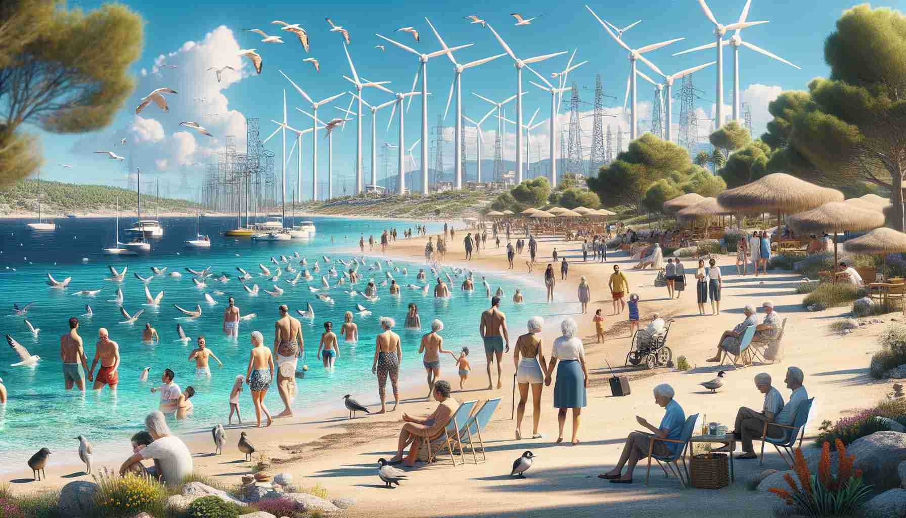 A high-definition, realistic scene portraying the struggle for sustainable tourism in Majorca. Picture a typically crowded touristic beach with crystal clear waters and beige sand, now being enjoyed responsibly by fewer tourists. Imagine the visitors appreciating the biodiversity rather than disrupting it. Sea birds can be seen unbothered on the sky, and local flora appears undamaged. Representative locals, a mixture of Caucasian and Hispanic men and women, are conversing with tourists, sharing knowledge about local customs and eco-friendly practices. In the background, sustainable infrastructure, like wind turbines and solar panels, can be seen.