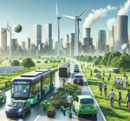 Generate a realistic, high-definition image representing a scene of eco-friendly transportation development. Include various types of vehicles like electric cars, hybrid buses, and bicycles. The setting is an urban environment with lush green spaces around. The skyline is dotted with wind turbines and solar panels to indicate an alternative energy infrastructure supporting this transportation evolution. People with equal probability of descents including Caucasian, Hispanic, Black, Middle-Eastern, South Asian, East Asian, are seen using this transportation, sending an encouraging message about a greener future.