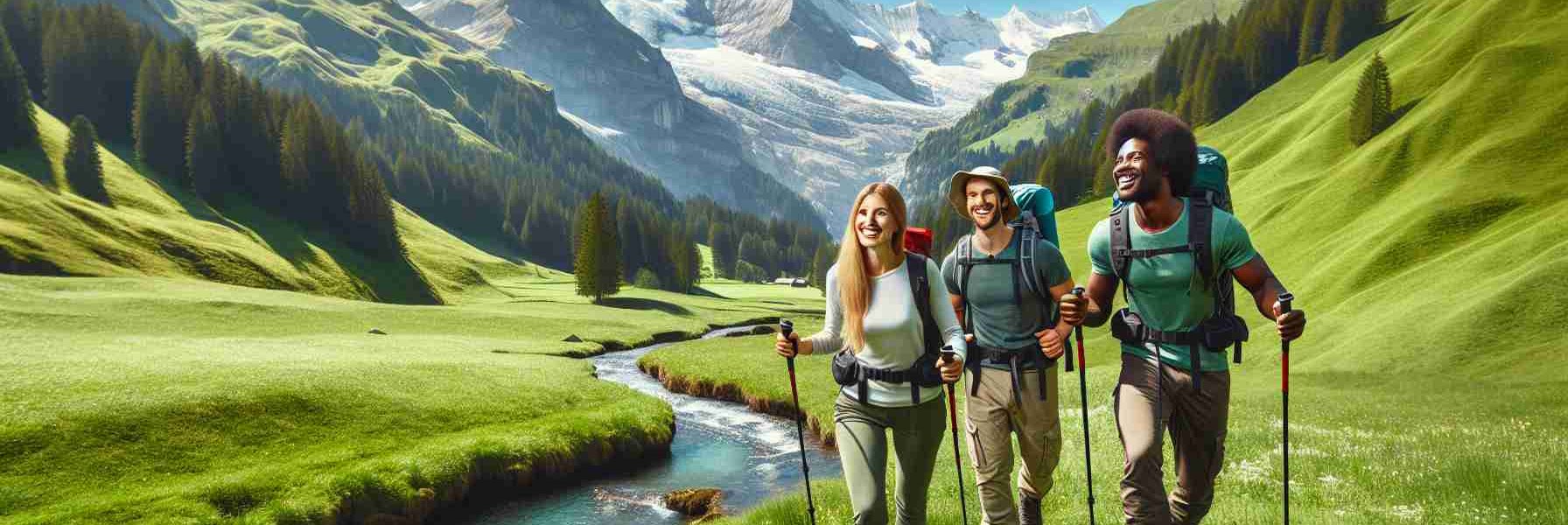 Create a High Definition image showcasing an adventure escapade in Switzerland. There should be lush green Swiss alpine meadows in the foreground with snow capped peaks in the background. An adventurous Caucasian woman, a Middle-Eastern man and a Black man are seen hiking with backpacks and trekking poles. They have expressions of joy, discovery, wonder, and happiness on their faces. A nearby babbling brook cuts across the grasslands, contributing to the idyllic Swiss landscape. Add a clear blue sky with scattered, fluffy white clouds to complete the outdoor adventure setting.