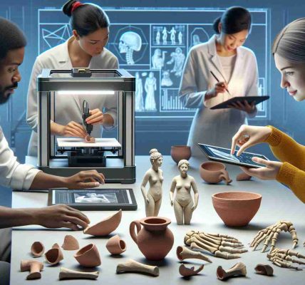 Create a realistic HD image that depicts the concept of 'Restoring History: A Modern Approach'. It might include individuals using modern technological tools such as a 3D printer or a digital tablet to restore or recreate historical artifacts. The scene could be set in a pristine lab with pieces of broken pottery on the table, with a Caucasian woman carefully scanning the pieces with a handheld 3D scanner while a Black man analyzes the data on a large screen. Meanwhile, a South Asian woman could be seen working on a 3D printer, reconstructing the scanned artifacts.