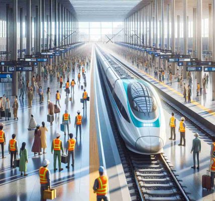 Create a realistic, high-definition image of a high-speed rail station that has recently been renovated after instances of vandalism. Display a bright, bustling platform with passengers awaiting the arrival of the next train. There are workers in neon vests, signifying the end of renovation works, mixed among the crowd. Indian and Hispanic passengers can be seen eagerly waiting for their journey to commence in the newly restored environment. An impeccably clean and shiny train pulls into the station, symbolizing the renewal of high-speed rail service. The environment is awash with soothing ambient daylight.