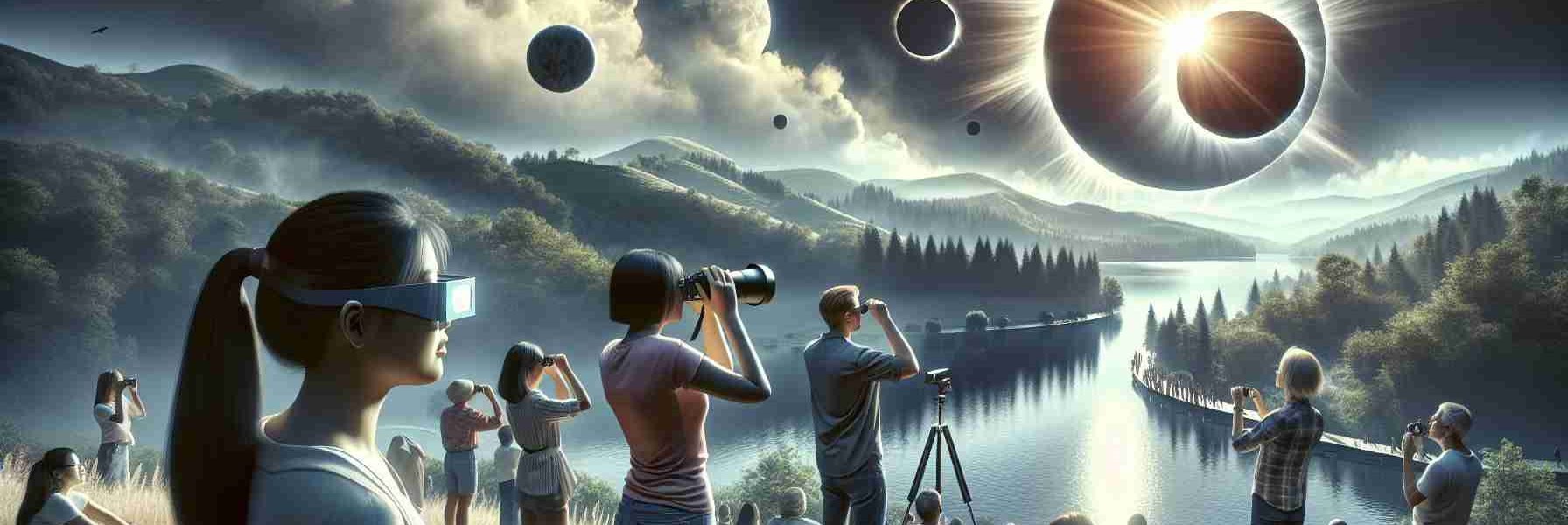 Create a hyper-realistic, high-definition image that portrays the awe-inspiring event of a solar eclipse. Showcase a breathtaking landscape, perhaps a grassy hill or a tranquil beach, where spectators are gathered in anticipation. Include a variety of people in the scene, such as an Asian woman using a solar filter camera, a Black man with eclipse glasses, and a group of Hispanic kids looking through a pinhole projector. Capture the moment when the moon transits across the sun, casting a surreal darkness and revealing the radiant solar corona. Amplify the effect of the celestial phenomenon through dramatic light and shadows.