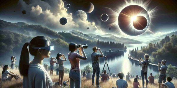 Create a hyper-realistic, high-definition image that portrays the awe-inspiring event of a solar eclipse. Showcase a breathtaking landscape, perhaps a grassy hill or a tranquil beach, where spectators are gathered in anticipation. Include a variety of people in the scene, such as an Asian woman using a solar filter camera, a Black man with eclipse glasses, and a group of Hispanic kids looking through a pinhole projector. Capture the moment when the moon transits across the sun, casting a surreal darkness and revealing the radiant solar corona. Amplify the effect of the celestial phenomenon through dramatic light and shadows.