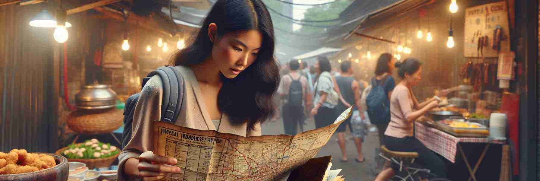 Create a high-definition, realistic image that depicts a scenario where an individual is exploring the local scene on a budget. The person is Asian, female, and could be seen tactically studying a vintage map with marked inexpensive tourist spots around the city. She is also holding an old, well-used guidebook. There are street food stalls in the background, and other people of different descents and genders are equally engaging with the setting. The scene blends the old and new, indicating a city that celebrates its past while embracing modernity.