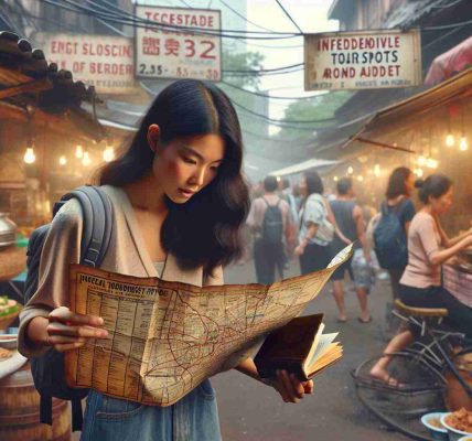 Create a high-definition, realistic image that depicts a scenario where an individual is exploring the local scene on a budget. The person is Asian, female, and could be seen tactically studying a vintage map with marked inexpensive tourist spots around the city. She is also holding an old, well-used guidebook. There are street food stalls in the background, and other people of different descents and genders are equally engaging with the setting. The scene blends the old and new, indicating a city that celebrates its past while embracing modernity.