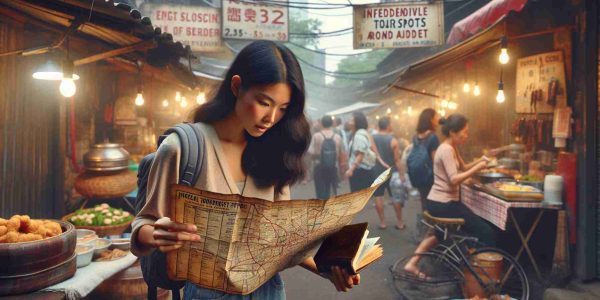 Create a high-definition, realistic image that depicts a scenario where an individual is exploring the local scene on a budget. The person is Asian, female, and could be seen tactically studying a vintage map with marked inexpensive tourist spots around the city. She is also holding an old, well-used guidebook. There are street food stalls in the background, and other people of different descents and genders are equally engaging with the setting. The scene blends the old and new, indicating a city that celebrates its past while embracing modernity.